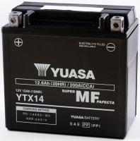 Motobaterie 12V, YTX14-BS, 12,6Ah, 200A, bezúdržbová MF AGM 150x87x145, YUASA originál (vč. balení elektrolytu)