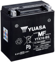 Motobaterie 12V, YTX16-BS, 14,7Ah, 230A, bezúdržbová MF AGM 150x87x161, YUASA originál (vč. balení elektrolytu) 