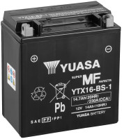 Motobaterie 12V, YTX16-BS-1, 14,7Ah, 230A, bezúdržbová MF AGM 150x87x161, YUASA originál (vč. balení elektrolytu) 